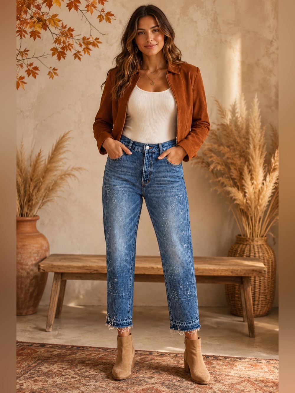 Lucky Brand Rust Jacket with Blue Washed Ankle Jeans - Picture 1 of 5